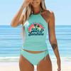 Women's Halter Blue Coconut Tree Print Bikini Tankini Swimsuit