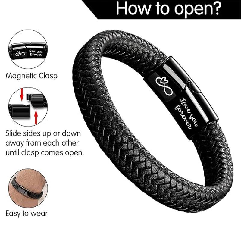 Magnetic Stainless Steel Leather Bracelet, Hand-woven for Men, with Personal Message Engraved on It