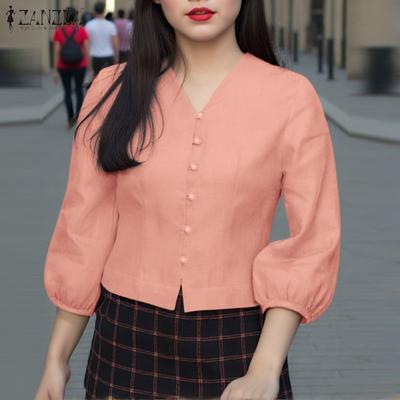 Жіноча повсякденна вільна блузка з V-подібним вирізом, рукавами-ліхтариками 3/4, однотонна