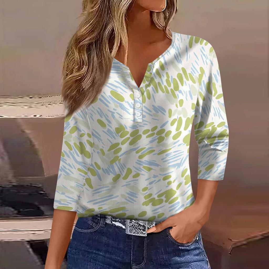 Women's T Shirt Tee Print Button 3/4 Sleeve Tunic Daily Weekend Fashion Basic V- Neck Regular Top