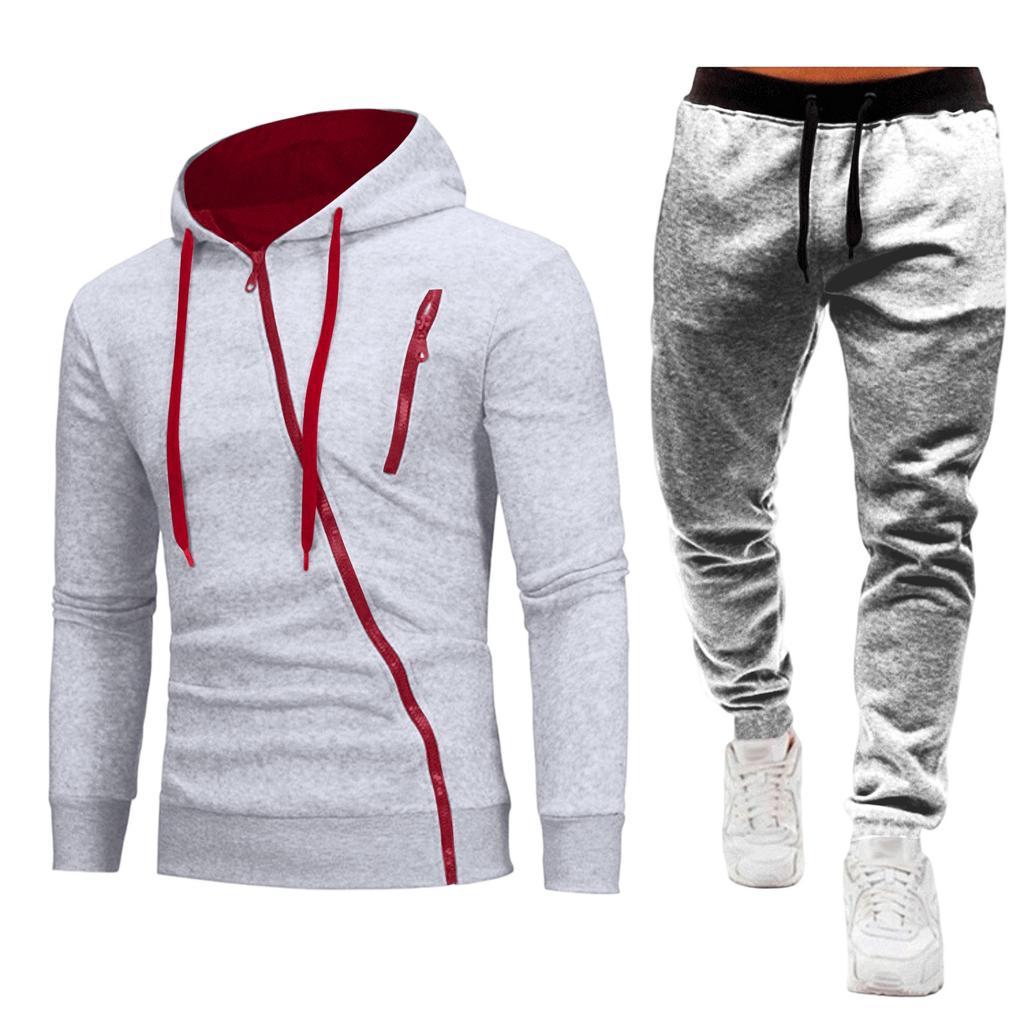 Men's Zip Hoodie Sweatsuit Set with Long Sleeve Top and Pants for Outdoor Sport Casual Wear