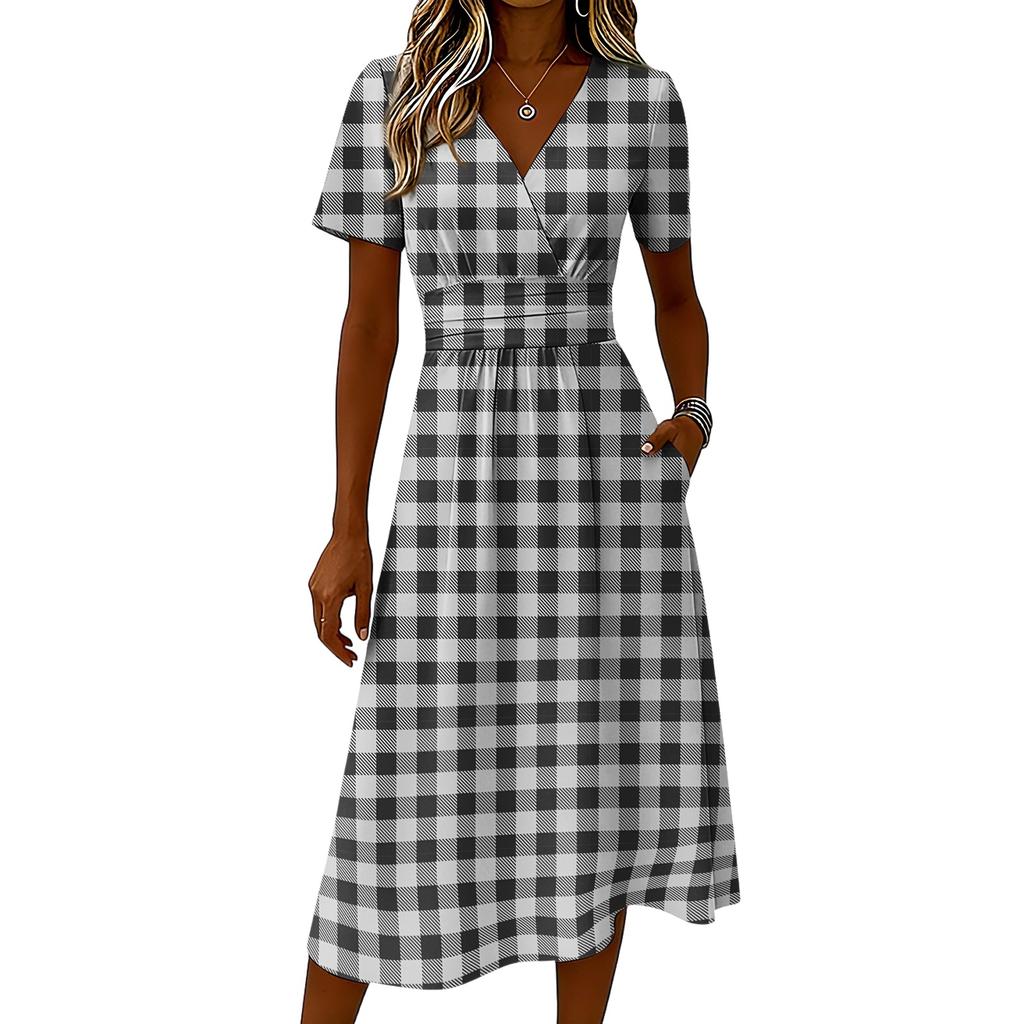 Women's Plaid Print V-Neck Short Sleeve Dress, Casual Summer Midi Dress