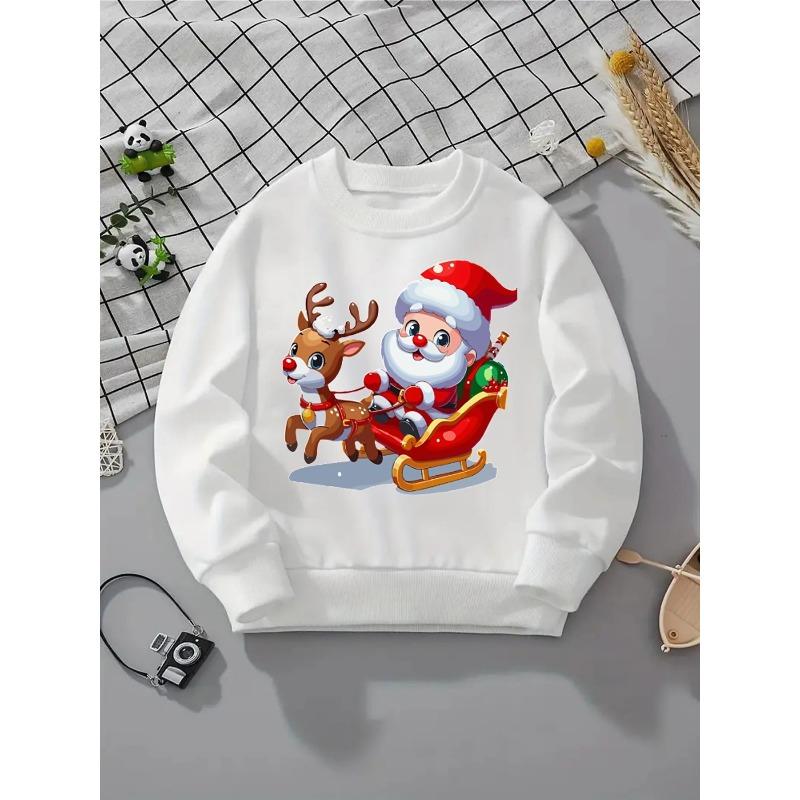 Modisches Rundhals-Sweatshirt mit Weihnachtsmann, Rentieren und Schlitten für Weihnachtsfreude, für Mädchen entworfen. Dieses westlich geschnittene Oberteil für Herbst und Winter