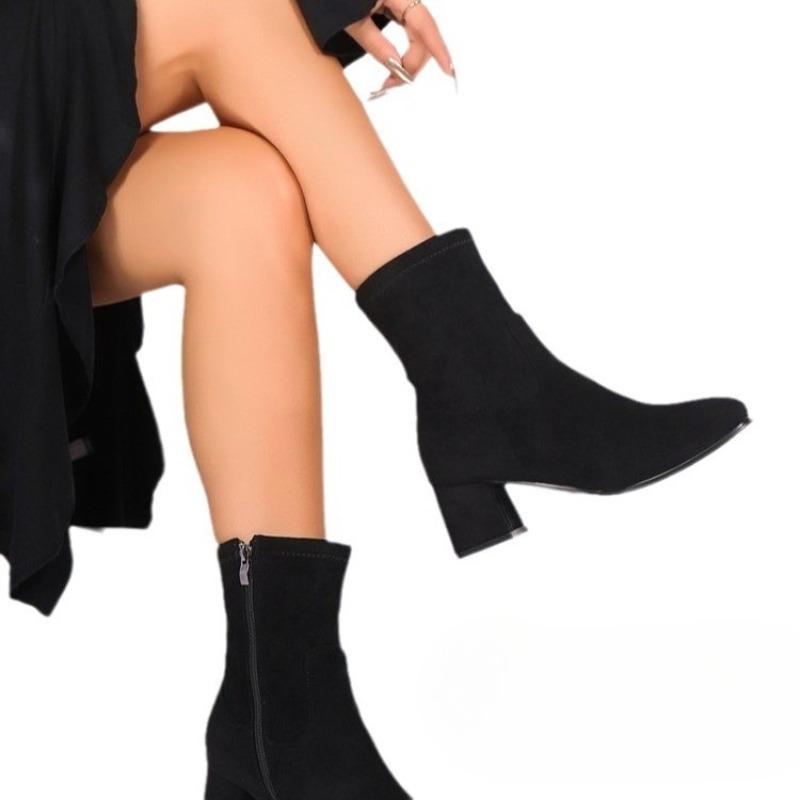 Plus-size Shoes, Ankle Boots, Women's Chunk-heeled Elastic Boots, High-heeled Fashionable Square-toed Ankle Boots