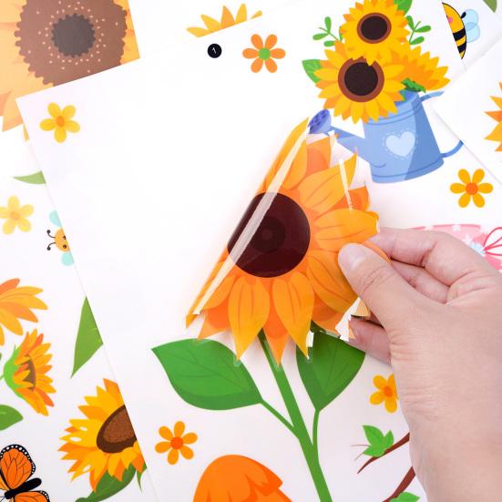 8 Vellen Zonnebloem Bij Vlinder Raamstickers Statisch PVC Raamdecoratie Herbruikbaar Verwijderbaar Lente Bloemen Decals voor Glazen Deur Raam Decor