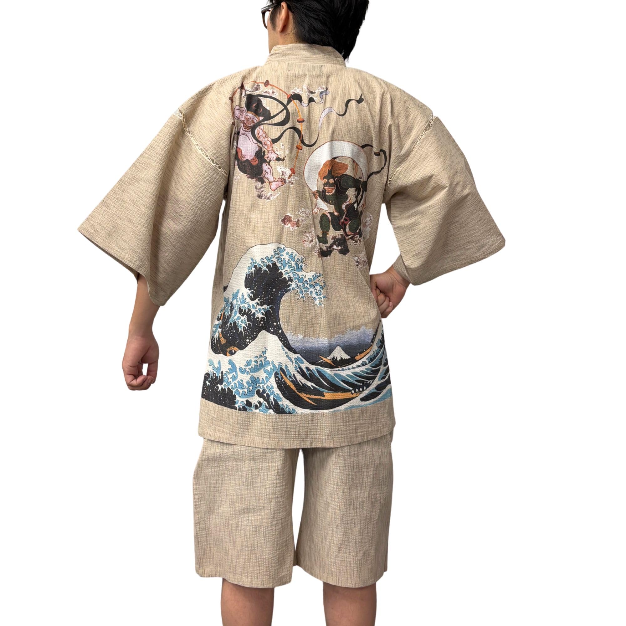 

Edoten Cool Summer Original Japanese Wind Thunder Wave Size L Shijira-woven Jinbei, Wear, 100% Cotton, Discharge-dyed Pattern, God, God, Design,