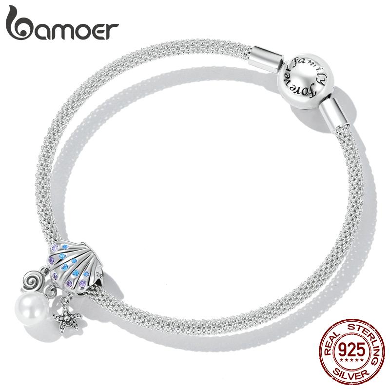Bamoer 925 Sterling Silver Delicate Shell Pearl Pendant Fit DIY Charms Bracelet & Bangle Summer Beach Series Charms Fine Jewelry