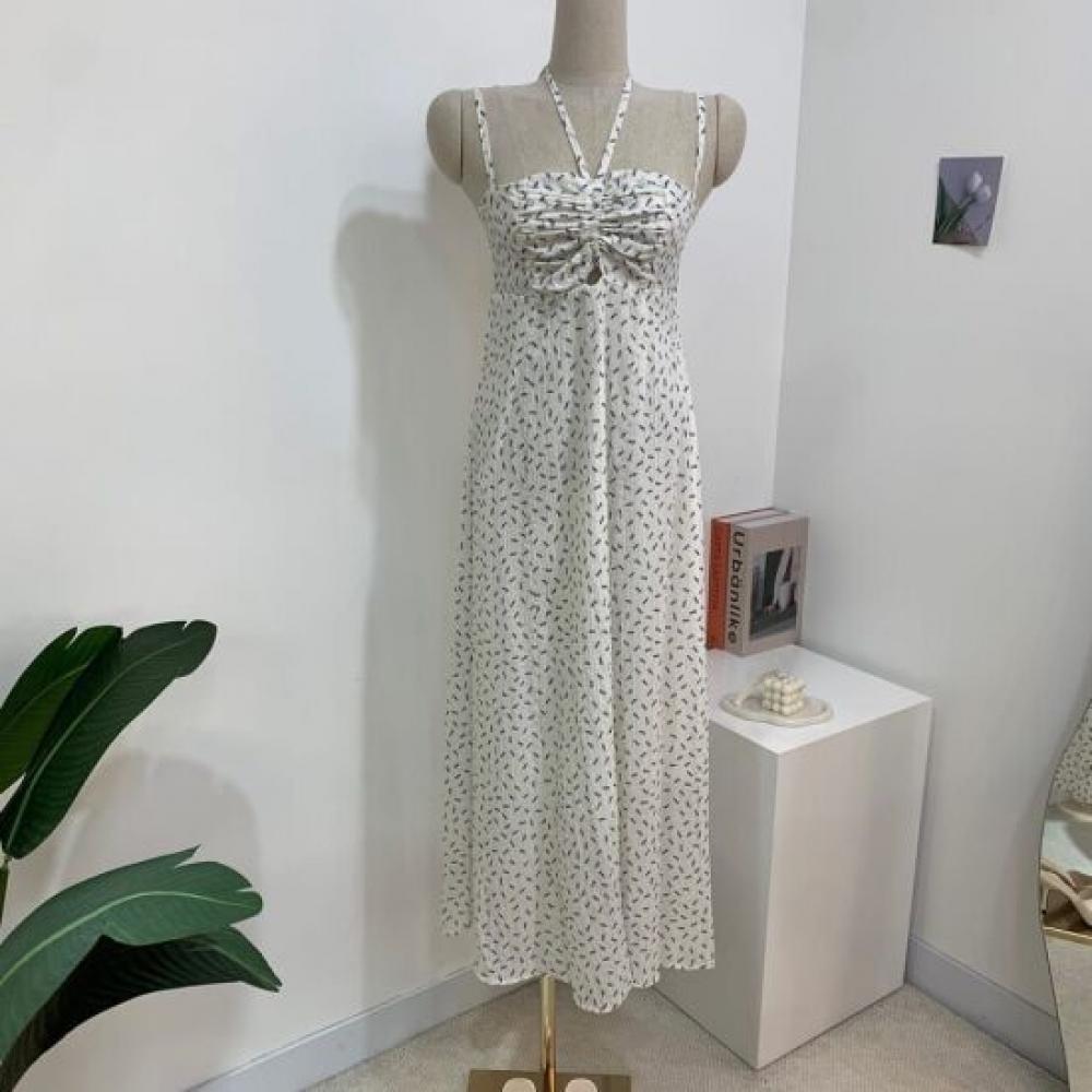 C S In The Room Flower ShirrIng Halter neCk Long dreSS 2Color C
