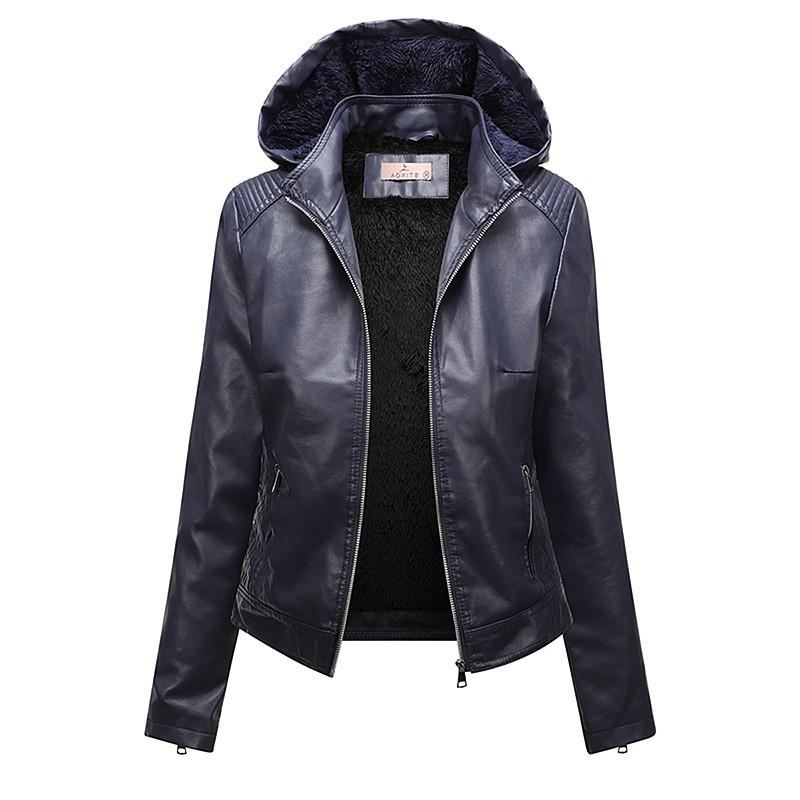 Womens Oversized Hooded Fleece-Lined PU Leather Jacket Plus Size 6XL Streetwear Rock Style Autumn Winter Coat