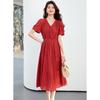 26 year new summer short sleeved skirt V-neck slimming versatile high-end waist cinching mid length skirt elegant A-line skirt dress