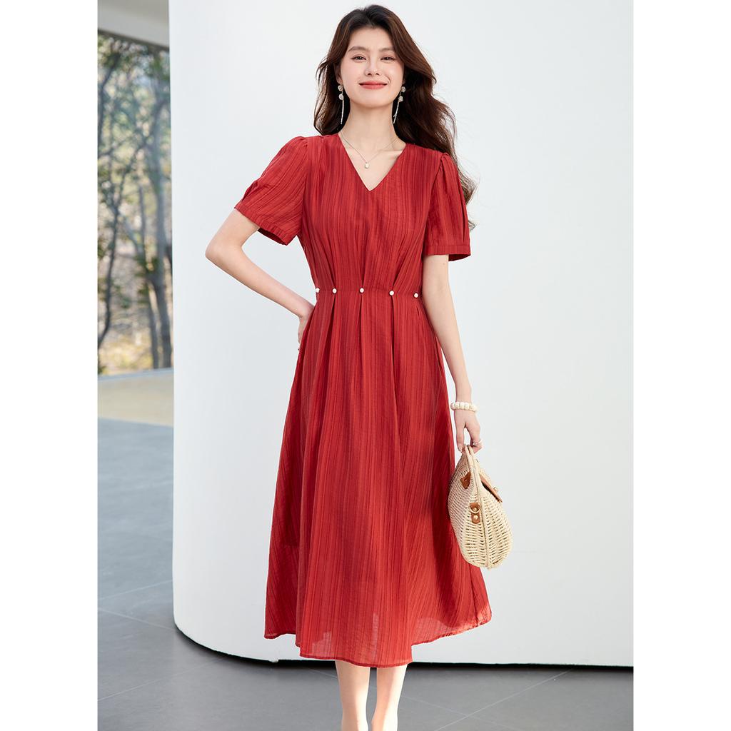 26 year new summer short sleeved skirt V-neck slimming versatile high-end waist cinching mid length skirt elegant A-line skirt dress