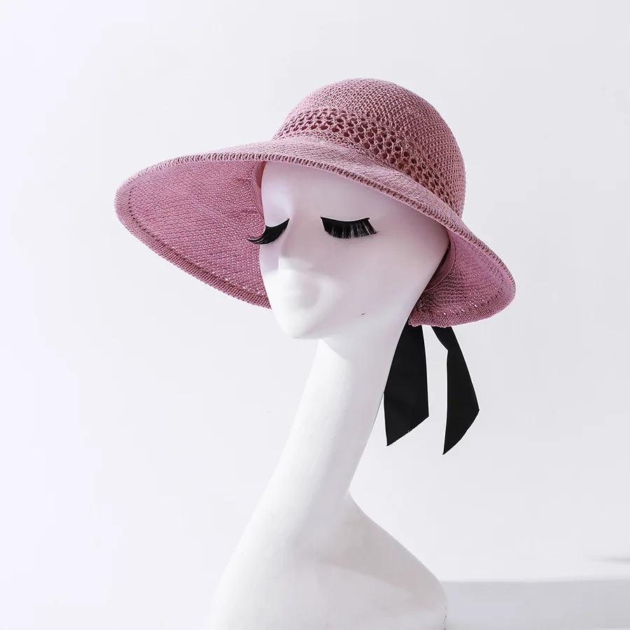 Summer Wide Brim Foldable Sun Hats For Women Girl Portable Ponytail Outdoor Beach Straw Hat Adjustable Uv Protection Panama Caps