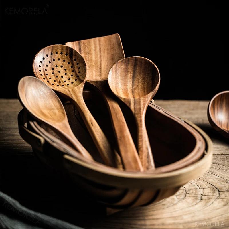 4/7Pcs Teak Natural Wood Tableware Spoon Ladle Turner Long Rice Colander Soup Skimmer Cooking Spoons Scoop Kitchen Tool Set