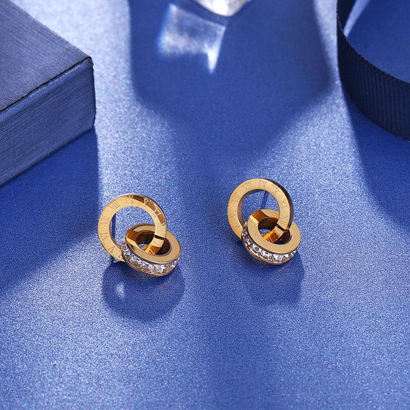 Rose Gold Titanium Steel Diamond Stud & Double Ring Dangle Earrings for Women