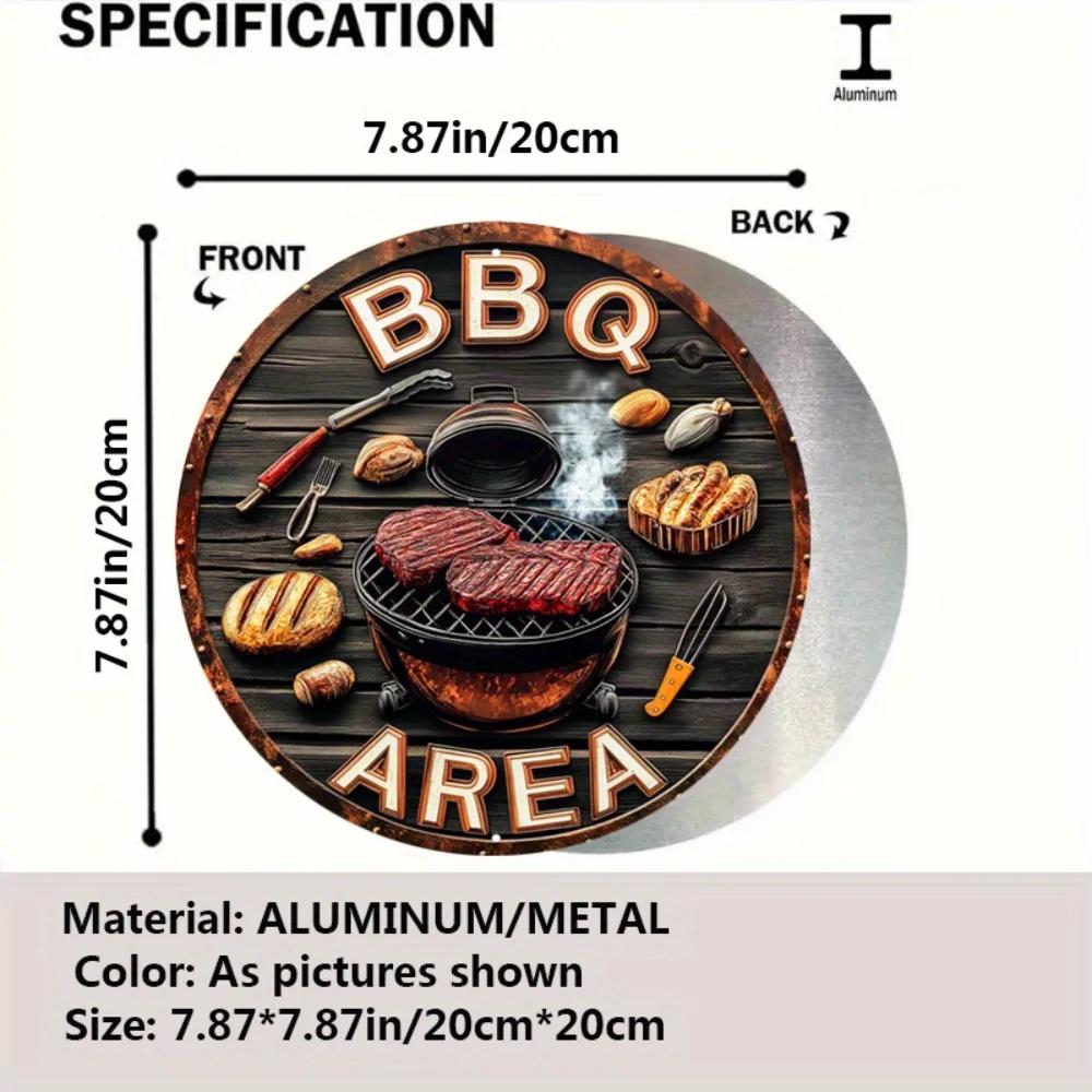 

Vintage Inspired Round BBQ Area Metal Sign Grill Themed Outdoor Decor with Steak Tools Imagery Retro Bar Cafe Patio Accessory 20x20cm(8x8inch)