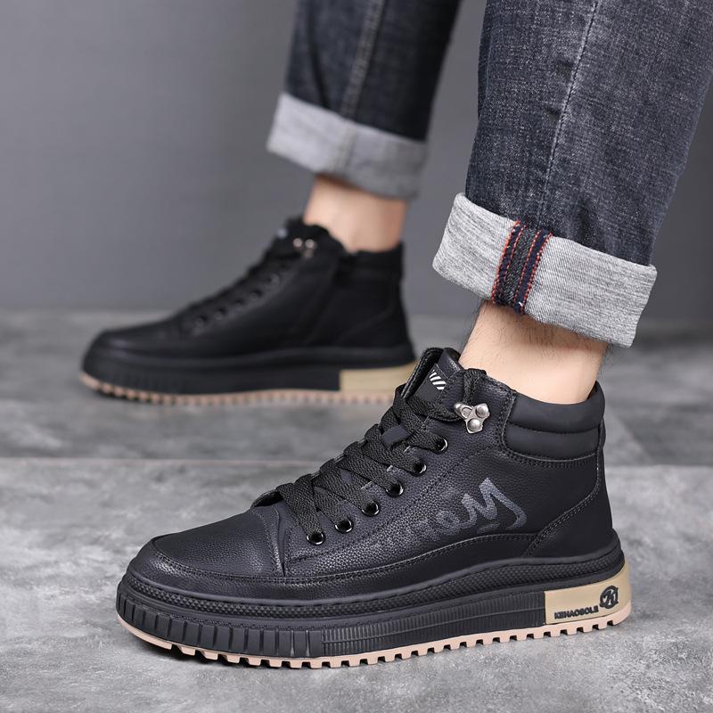 Męskie Zimowe Bawełniane Skórzane Buty High-Top, Casualowe Futerko, Antypoślizgowe Aksamitne Śniegowce