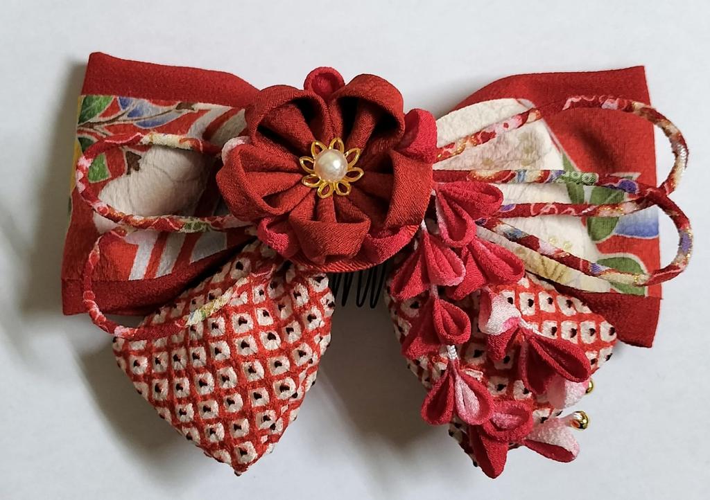 Craft Traditional Japanese Hair Flower and Wisteria Kimono Red Chirimen Fabric Tsumami-zaiku Kit Ornament, Ribbon,