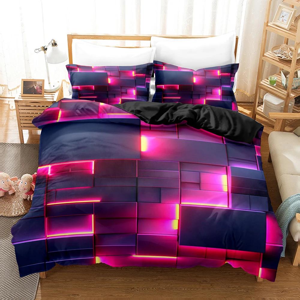3Pcs Magic Theme Colorful Glowing Polygonal Grid Pattern Bedding Set Pillowcases King Queen Twin Double Size Comforter set