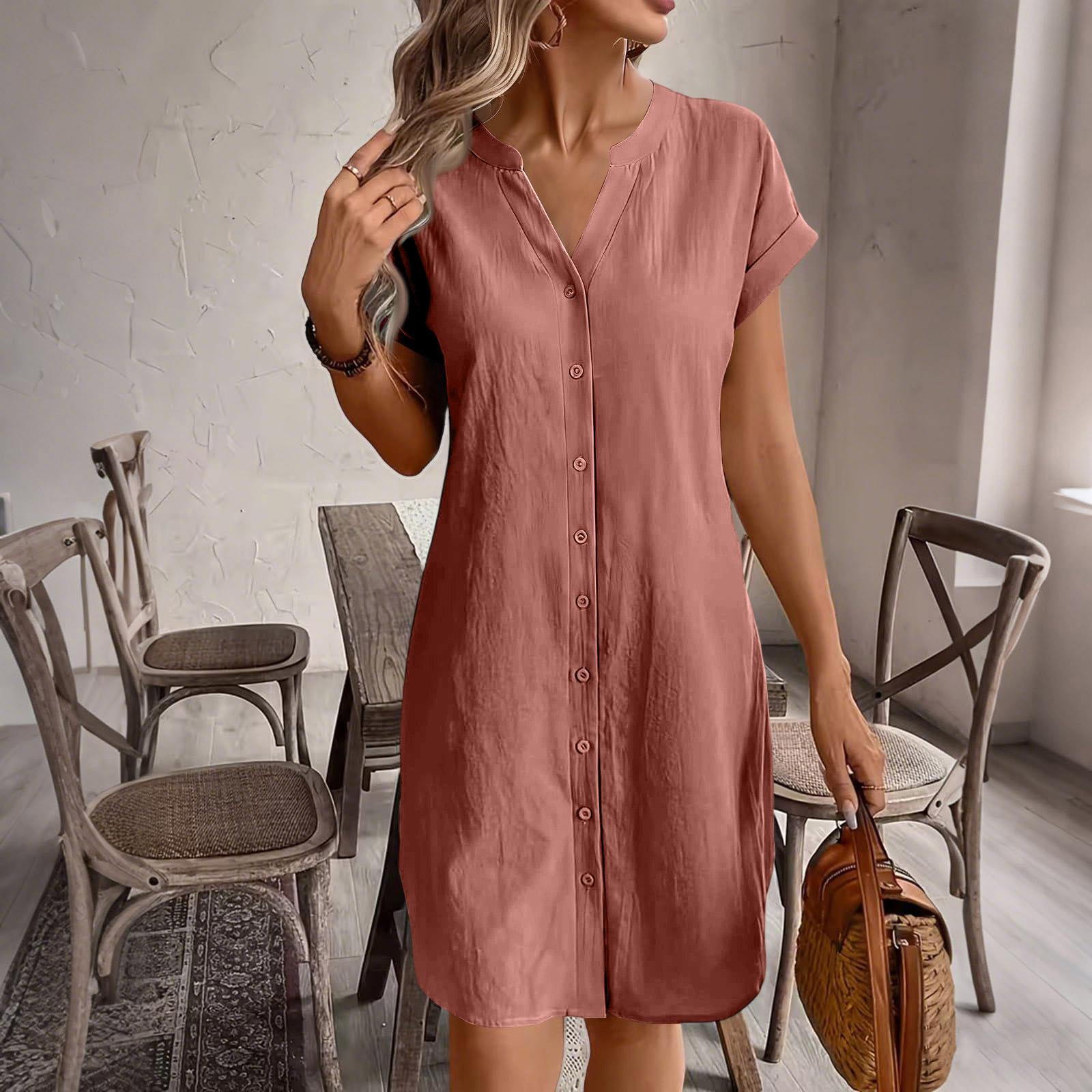 

Women’s V Neck Button Down Short Sleeve Loose Fit Shirt Dress Casual Summer Tunic Mini Dress with Turn Up Cuffs XL розовый