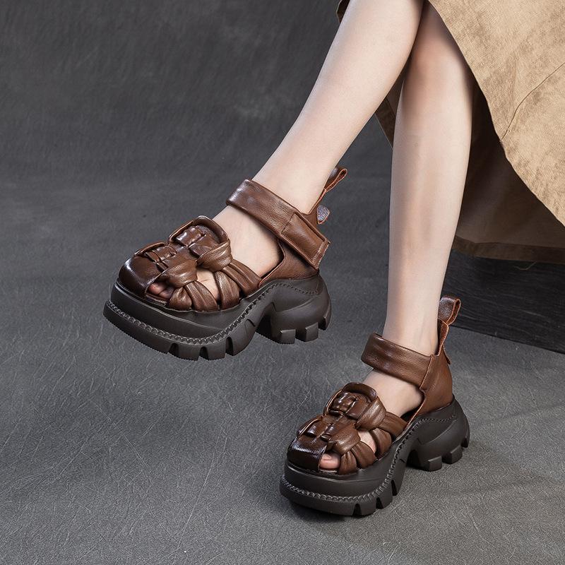 Jieshu Summer New Niche Style Muffin and First-layer Cowhide Sandals Comfortable Woven Breathable Retro Women's Shoes