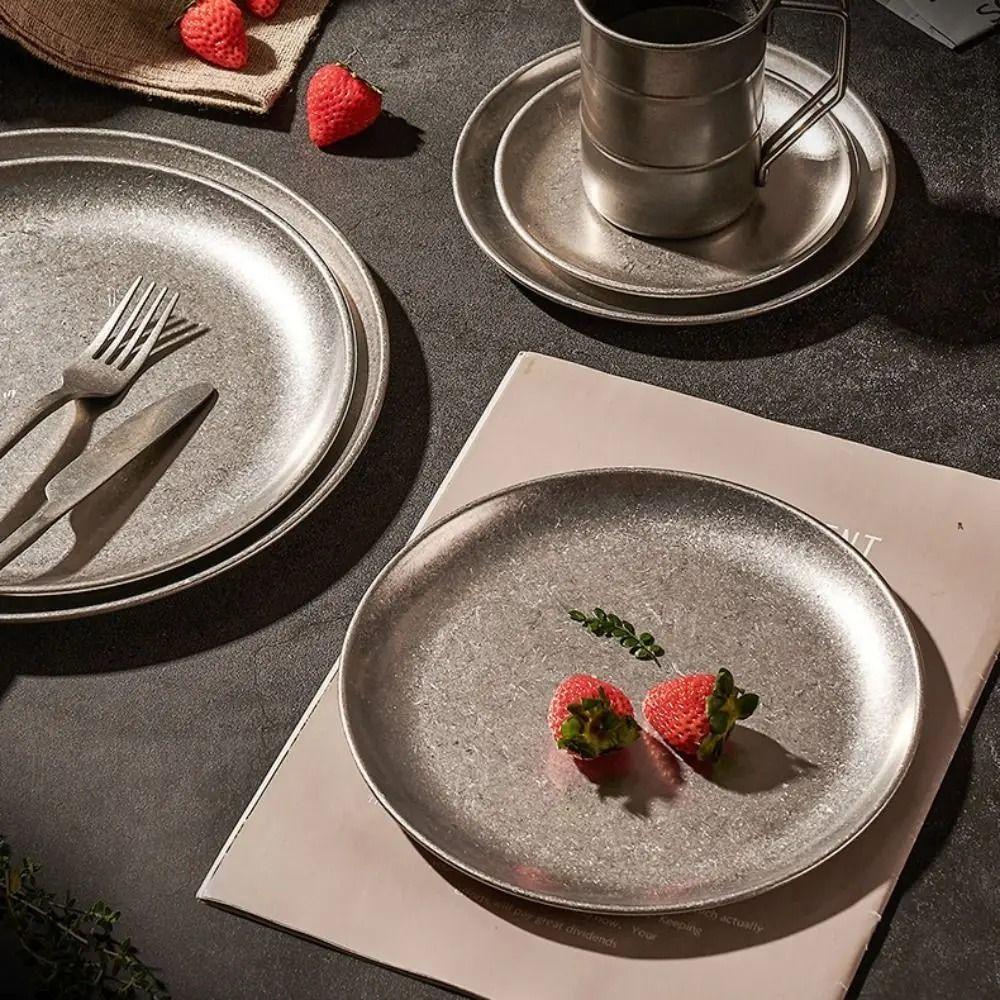 304 Edelstahl Metall Serviertablett Vintage Abgenutzte Oberfläche Snackschale Gebäckaufbewahrung