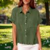 Women's Fashionable Loose-Fit Casual Shirt Button-Up Short-Sleeve Cotton-Linen Blend Top