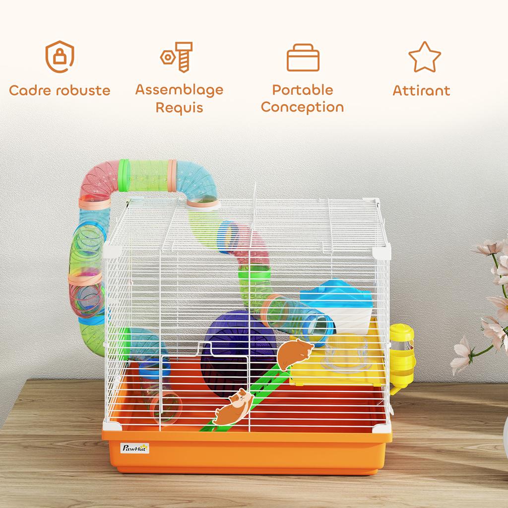 Hamster Cage, 2-Level, Tunnel, Water Bottle, Wheel, House, Ladders, 46 x 30 x 37 cm, Orange