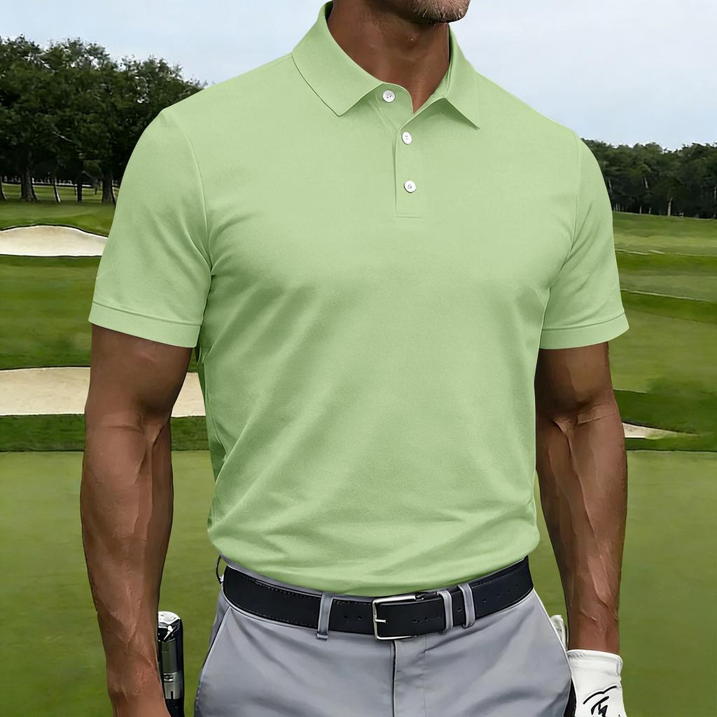 Men Short Sleeve Polo Shirt Classic Fit Button Down Collar Lightweight Breathable Knit Fabric for Business Casual Wear