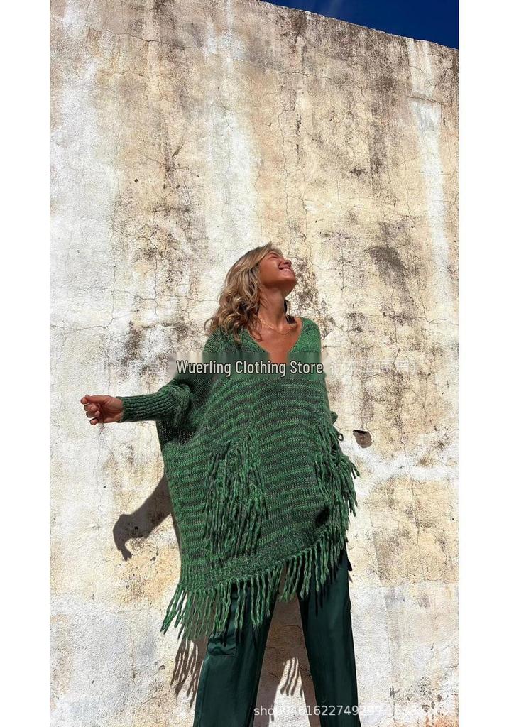 V-neck Loose Tassel Knit Sweater for Women - 3 Colors, Autumn/Winter 2026 Collection