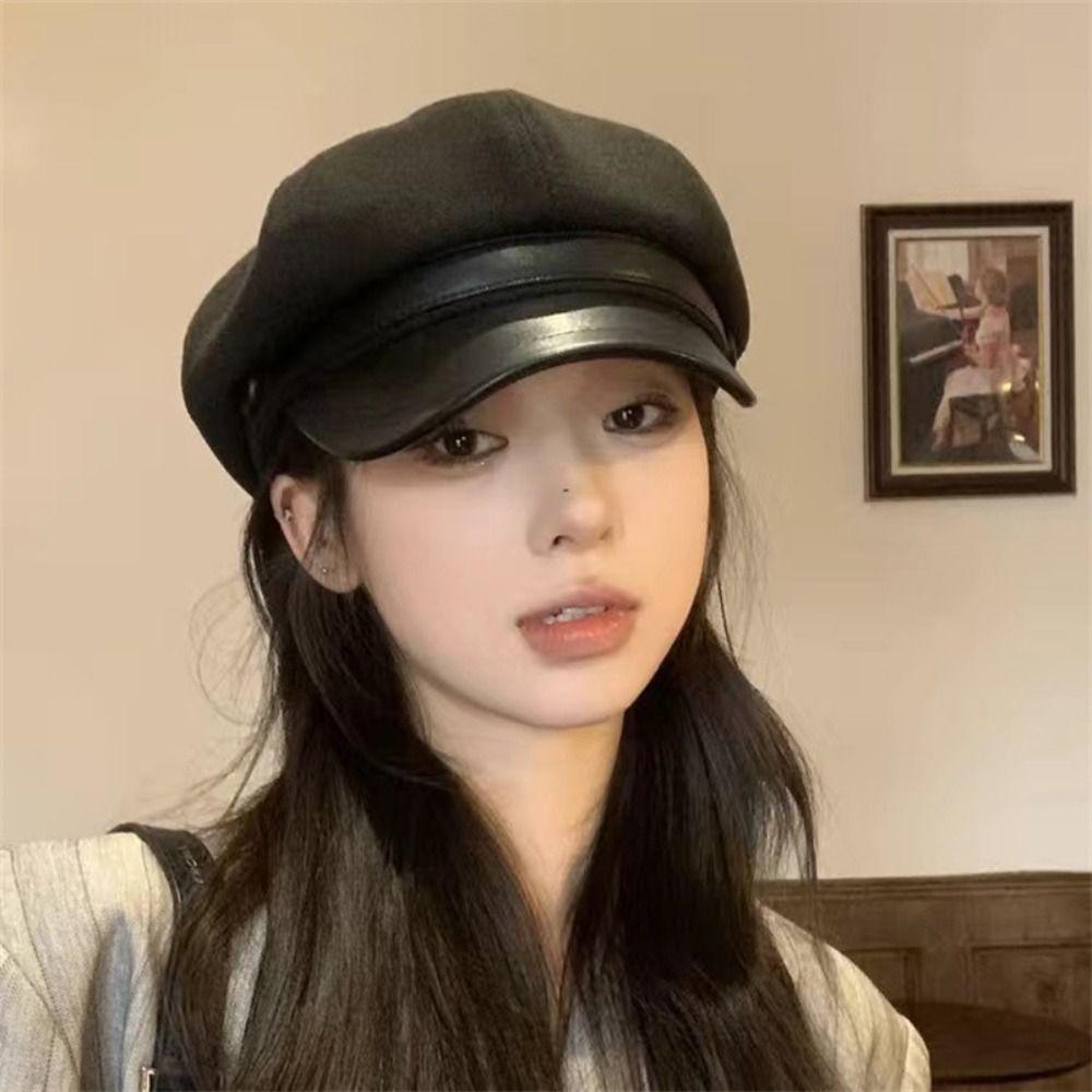 British Style Pu Leather Beret Korean Style Painter Hat Casual Wool Octagonal Hat  Winter