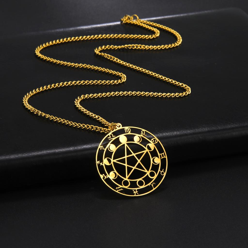 Minimalist Hollow-Out Round Zodiac Pendant Necklace with Star and Moon Design