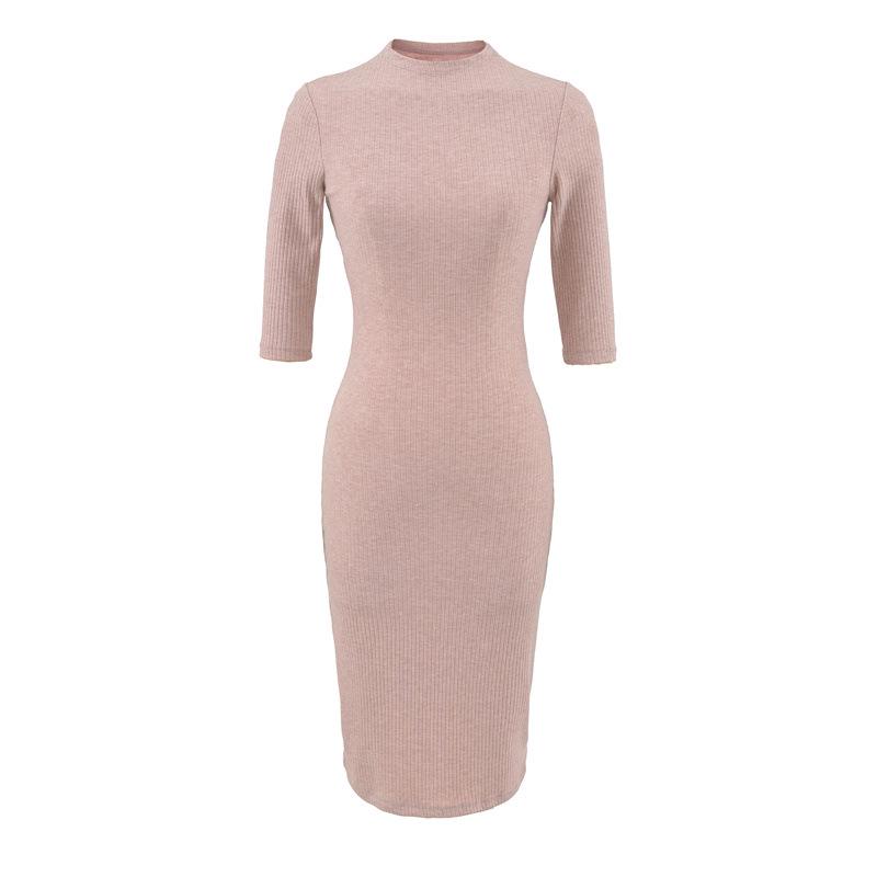 Women's Elegant Ribbed Knit Bodycon Dress - Pink, Long Sleeve, Mid-Length, Summer Style