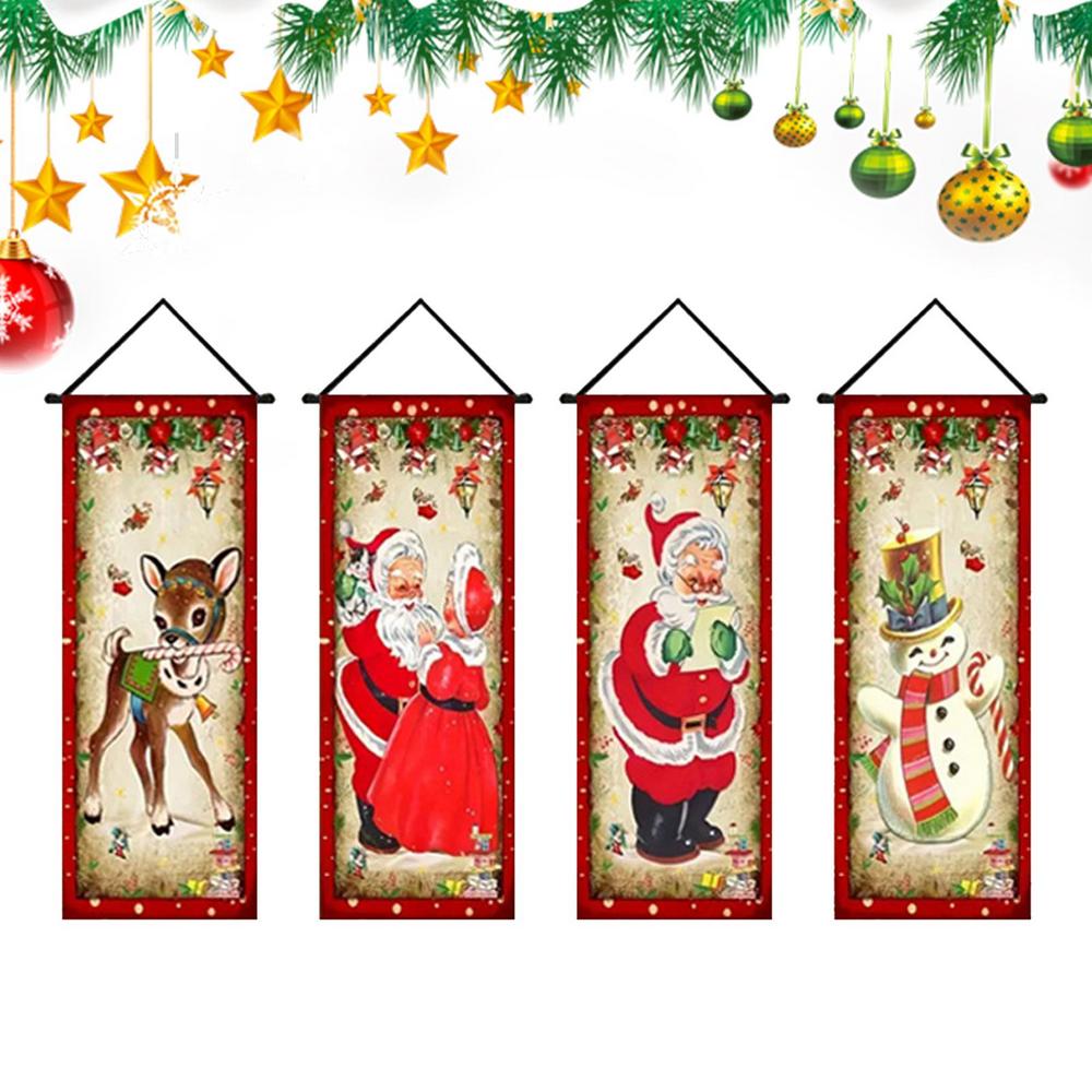 

Christmas Banners 4 Pieces Holiday Porch Sign Santa Snowman Elk Wall Banner For Home Party Wall Room Patio Window Outdoor Indoor