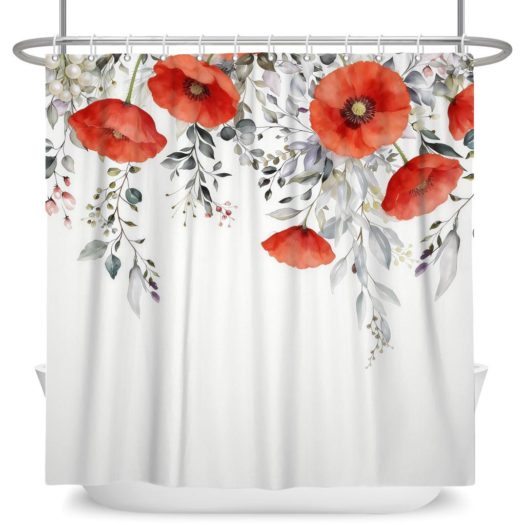 Watercolor Floral Shower Curtain Leaves Flowers Waterproof Bath Curtain For Bathroom Decor Polyester Fabric With Hooks Included