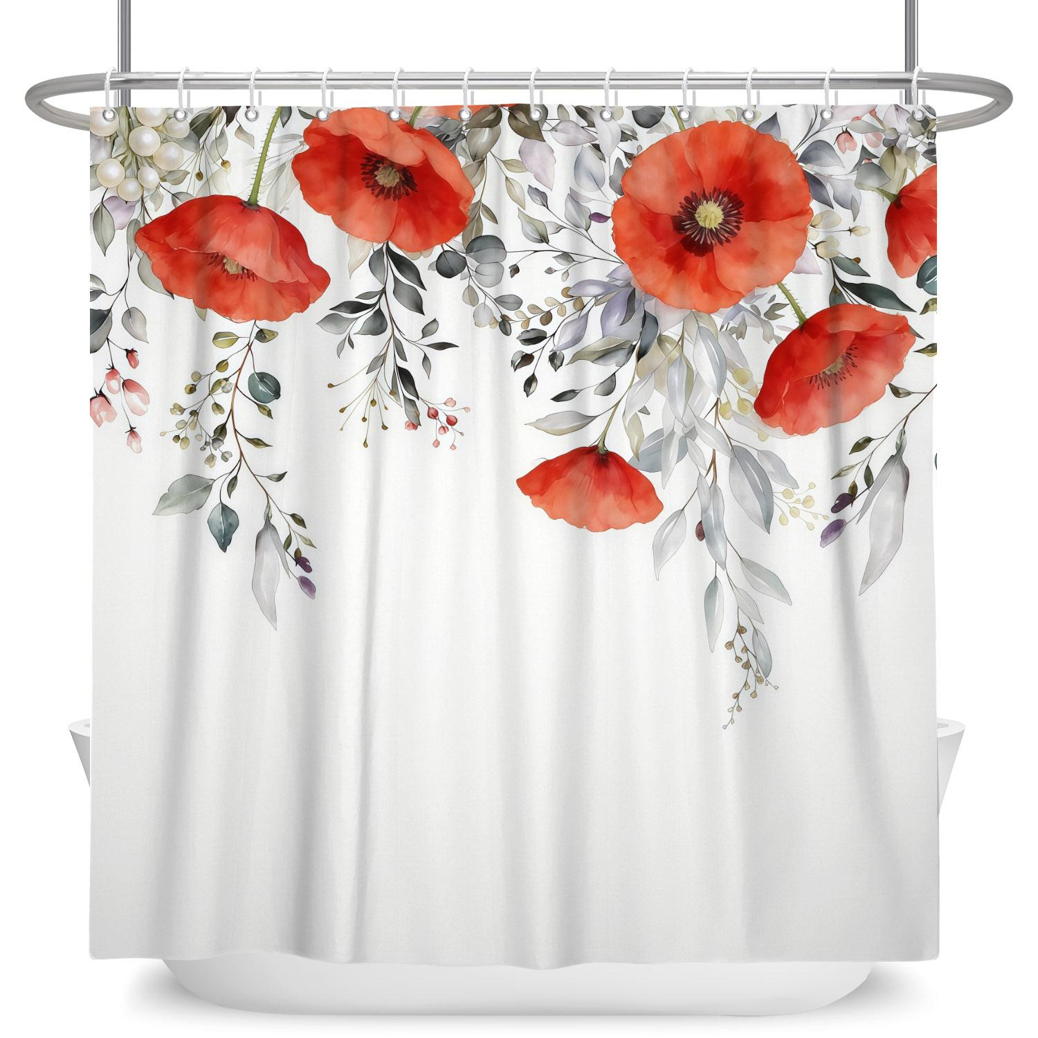 

Watercolor Floral Shower Curtain Leaves Flowers Waterproof Bath Curtain For Bathroom Decor Polyester Fabric With Hooks Included W60H190(CM)-1 Pcs