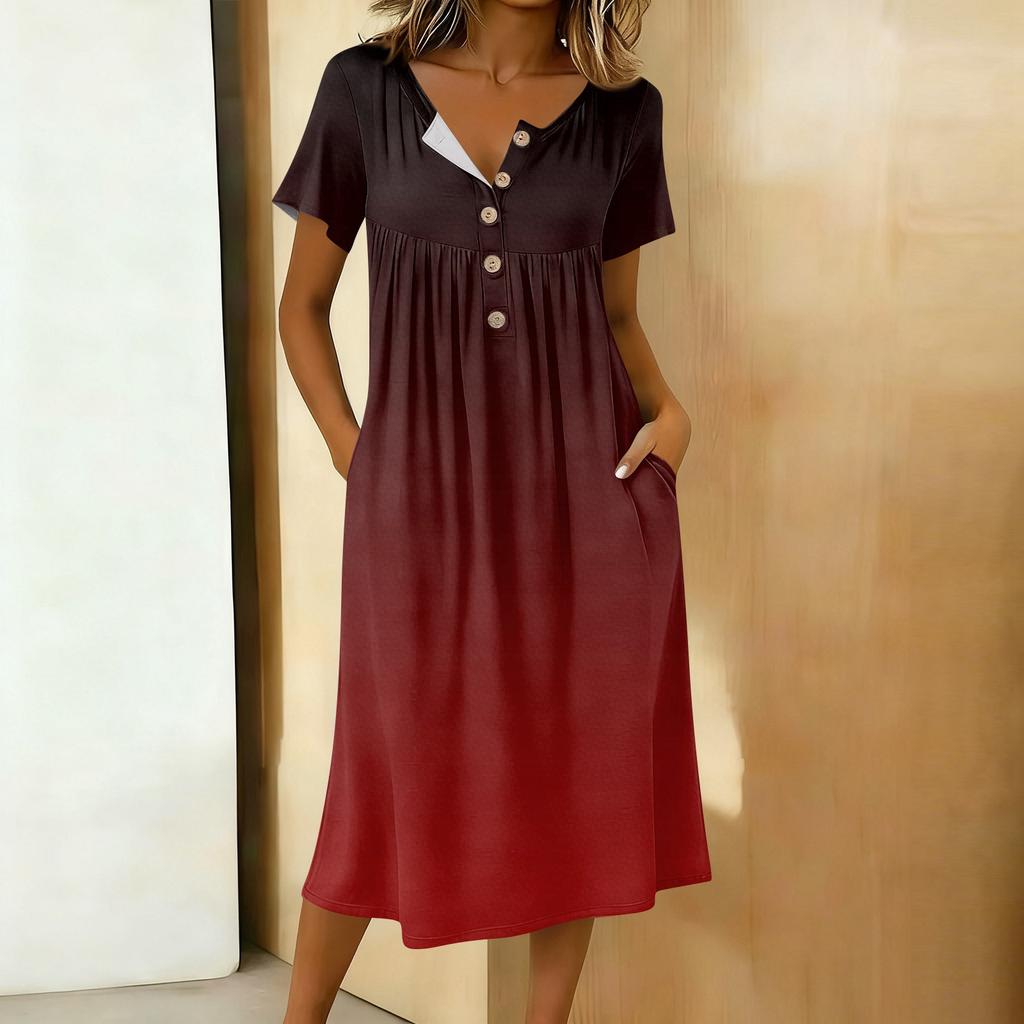 Women's Fashion Gradient Color Printed Round Neck Short Sleeve Button Neck Medium Length Casual Dress