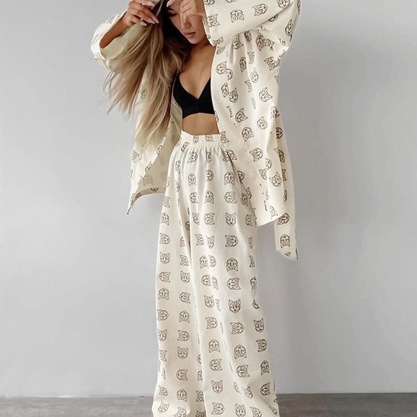 

GMXIA Летний кардиган с принтом, халат, длинные брюки и пижама, женская домашняя одежда, свободного кроя, в стиле кэжуал, из двух частей L