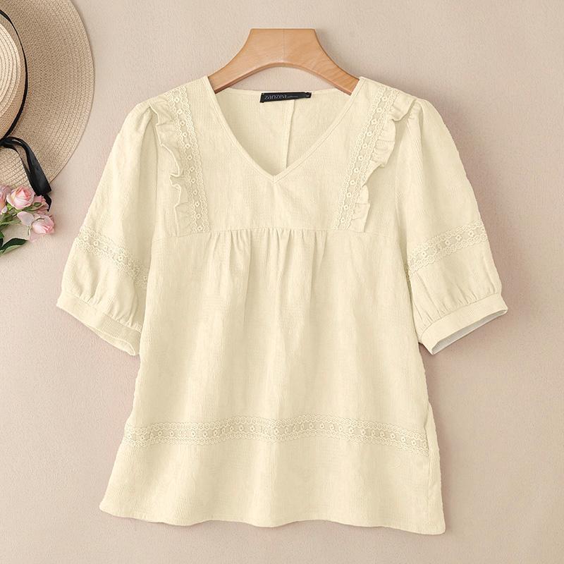 ZANZEA Women Casual V-Neck Loose Half Sleeve Cotton Blouse