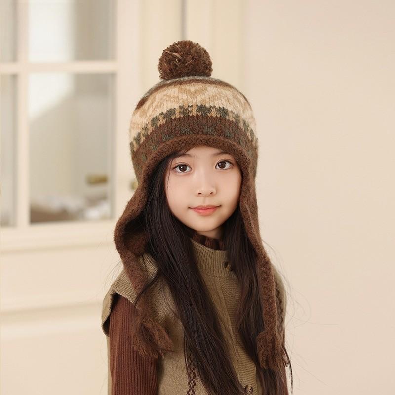 Kids Winter Knit Earflap Hat With Pom Pom For Outdoor Snow Play And Cold Weather