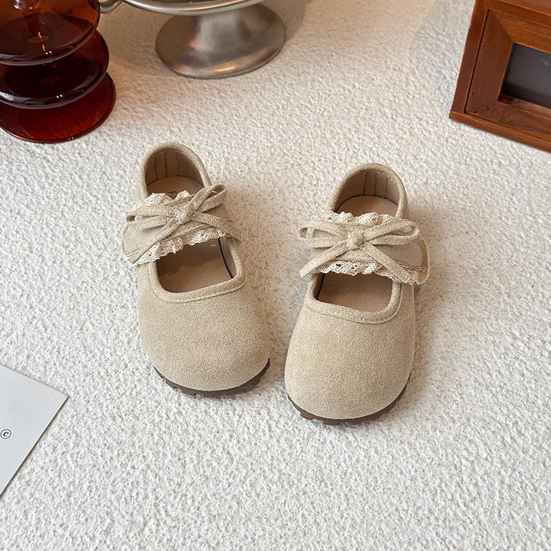 Korean Style Girls  Bow Princess Lace Shoes - Spring 2026 Retro Soft Sole Leather 23 бежевый