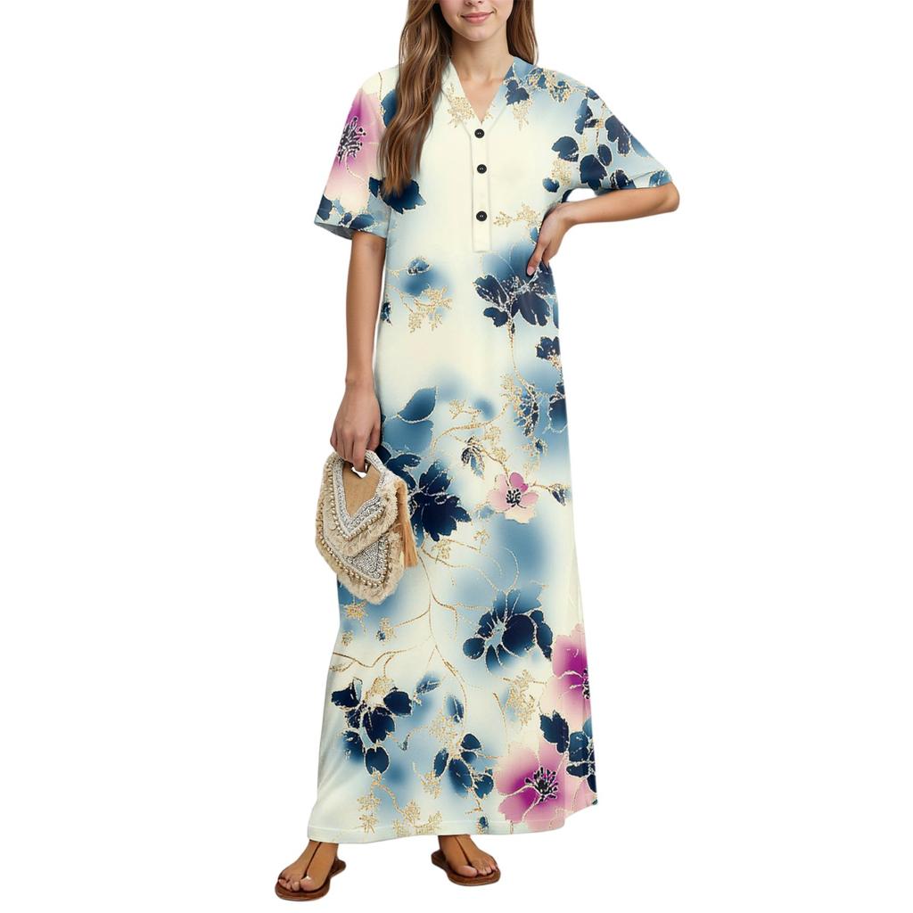 Damenmode Bedrucktes Nachthemd Hauskleidung Kurzarm-Nachthemd mit Taschen Langes Kleid