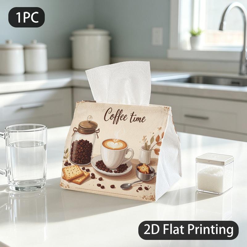 1pc Tissue Box, Warm Vintage Coffee Treats Cozy Relaxing Mood Pattern, 2D Flat Printing, Polyester Fabric, Take Anywhere, Tissue Container, for Washro
