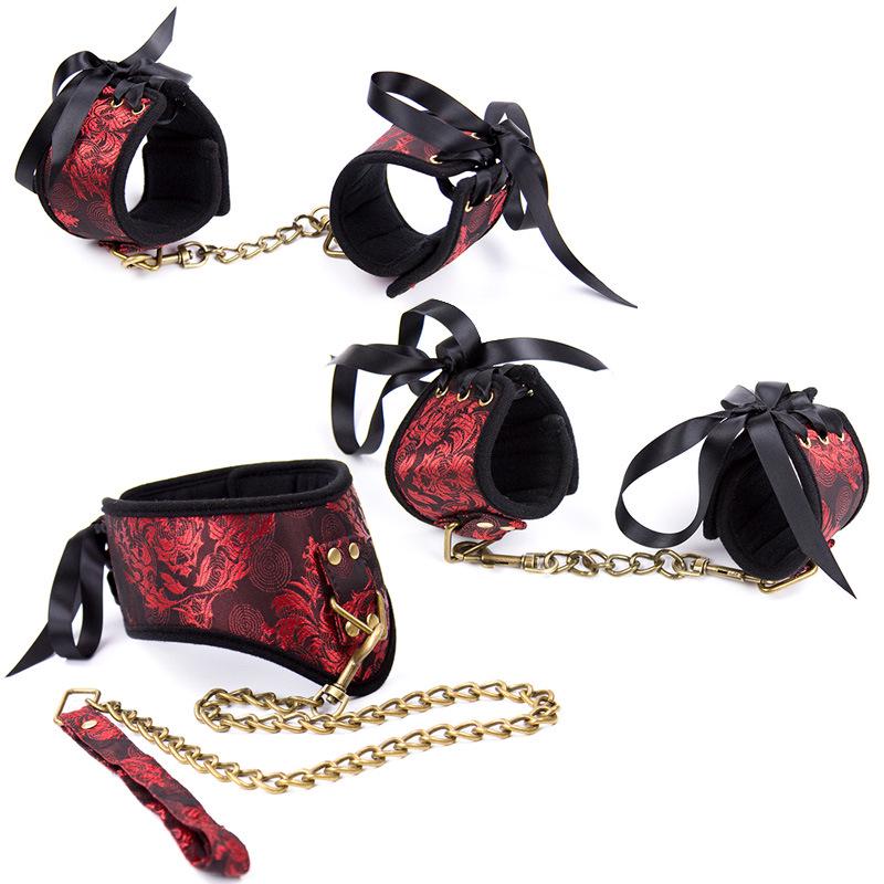 Retro Court Chinese Style Fabric Restraint Set: Foot Cuffs, Gag Ball, Eye Mask, Leash, Collar.