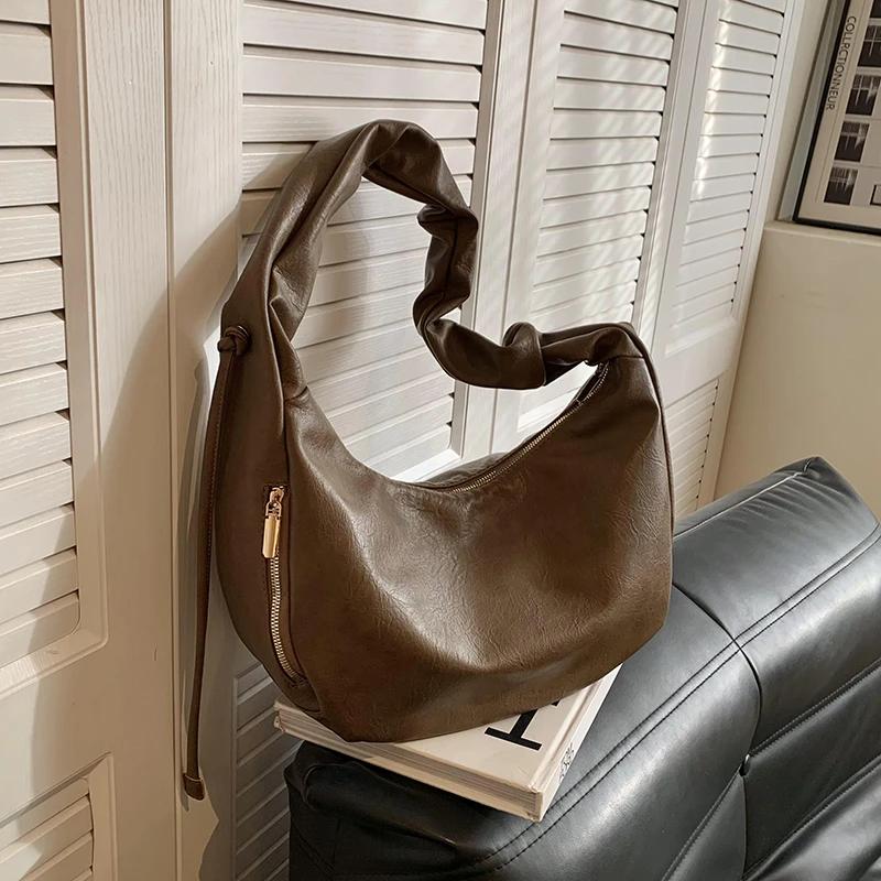 Women's Crescent Leather Shoulder Bag Soft Interior Compartment Solid Fashion