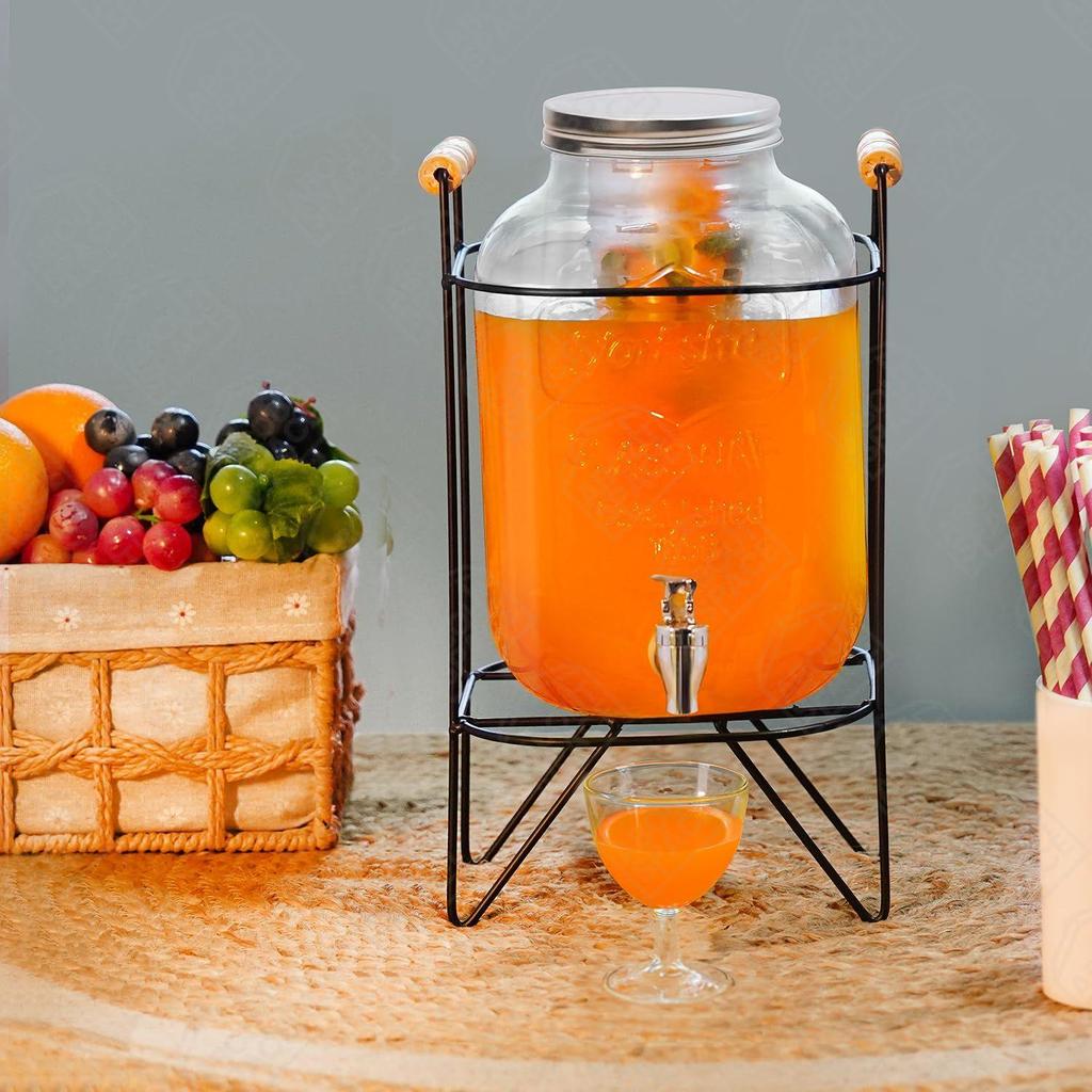4 Litre Glass Water Dispenser with Stainless Steel Tap SS-304, Infuser & Stand - Air Tight Lid Detox Water Jar Mason Jar