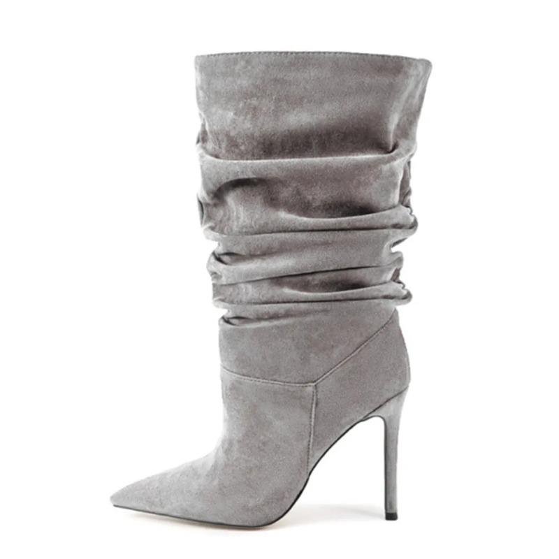 Soleist Stivali Alti da Donna con Tacco a Spillo Pieghettati Punta Affusolata 35-47 Scarpe Taglie Grandi Stivali da Donna di Media Lunghezza Autunno e Inverno