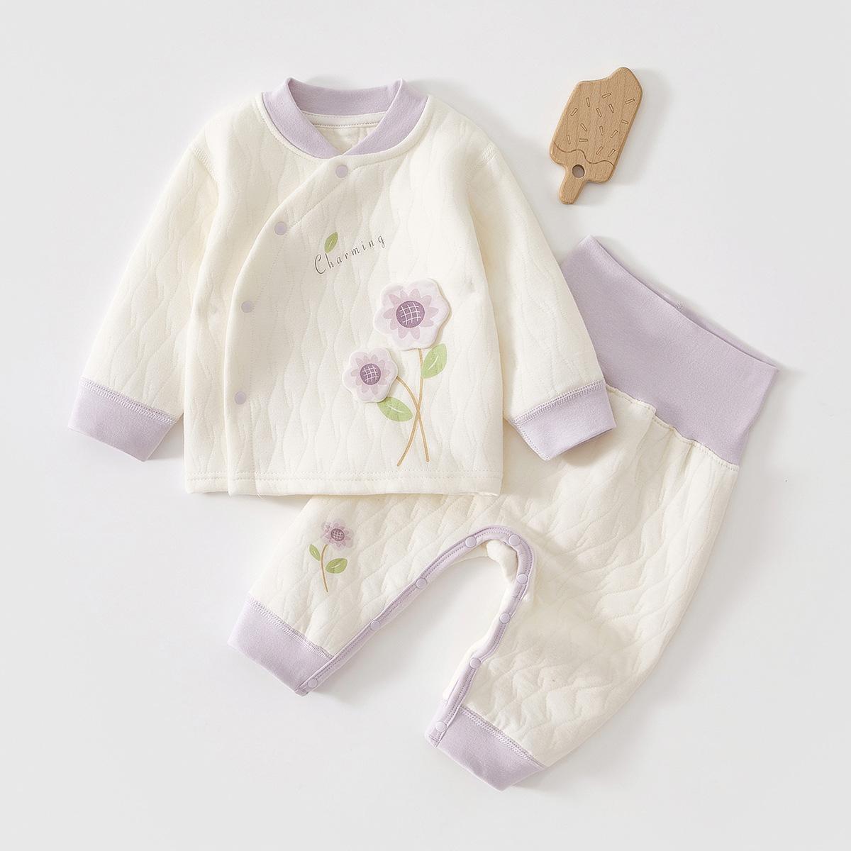 Baby Thermal Underwear Set, Quilted High Waist Infant Pajama Set, Autumn Winter Cotton Base Layer Top and Pants for Newborns and Kids 59