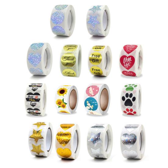 500 Pcs Self-Adhesive Label Stickers Waterproof Removable Heart/Star/Round/Pet Paw Shaped Stickers Roll for Laptops Water Bottles Scrapbooking Crafts