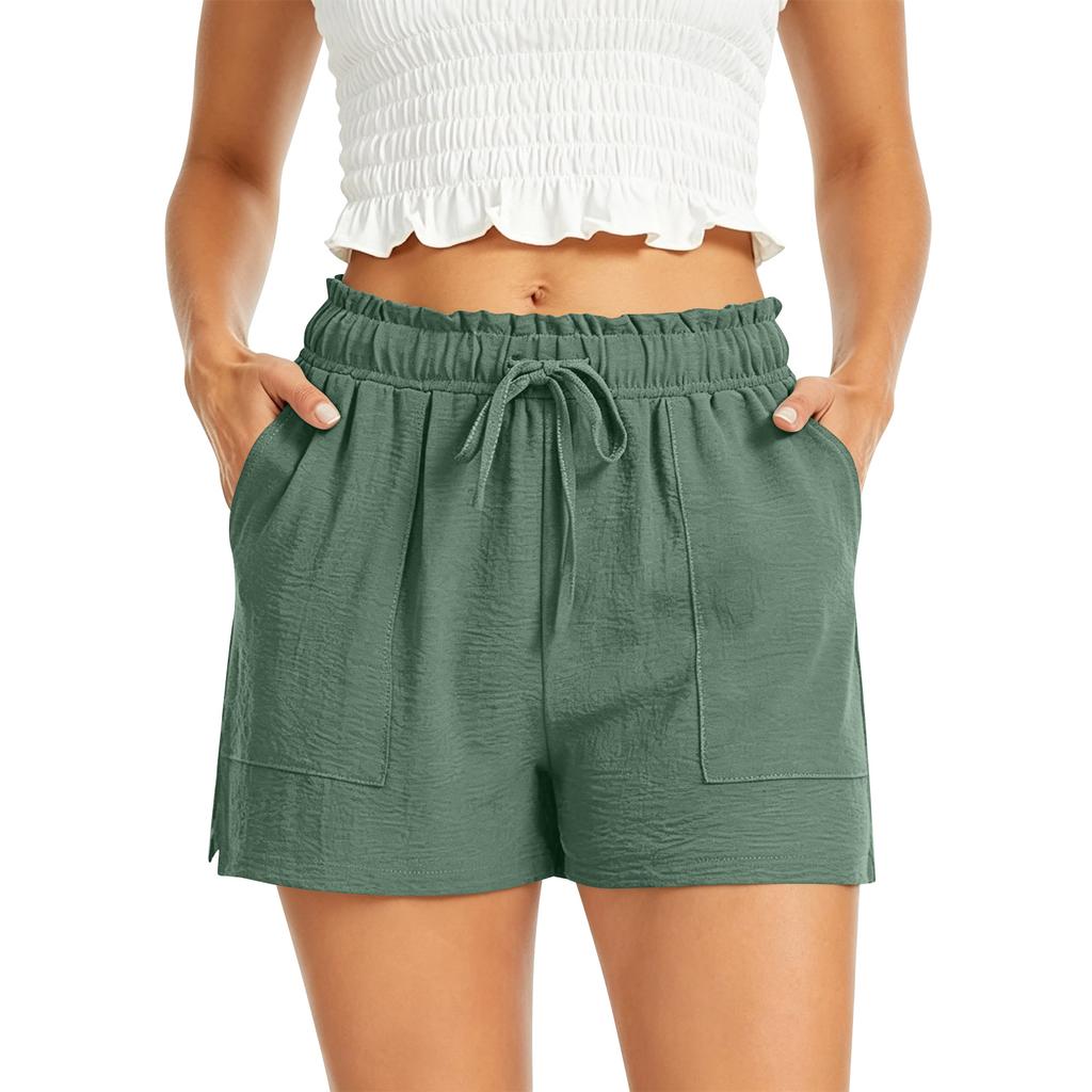 Pantaloncini Casual da Donna a Vita Alta con Tasche Estate Vestibilità Larga Vita Elastica Coulisse Gamba Larga