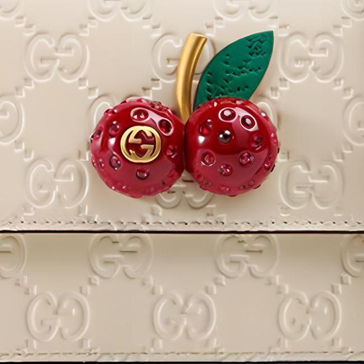 Gucci GG Marmont Chain Wallet Cherry Charm Ivory Leather 481291-0G6ET-8597